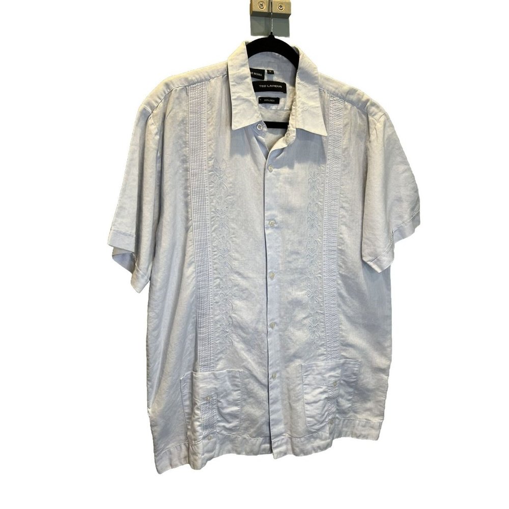Ted‎ Lapidus Paris Mens Shirt Embroidered 100% Linen Short Sleeve Pockets Size L